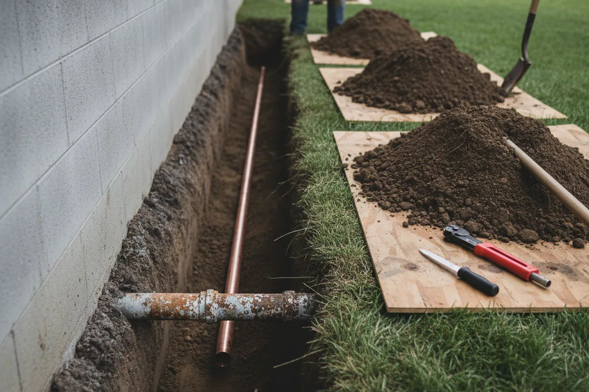 Excavated water line trench during Sewer Line Repair in Unadilla